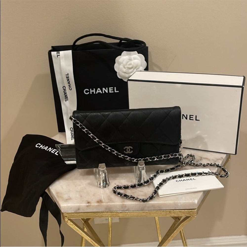Chanel quilted mattelasse lamb skin black trifold long wallet